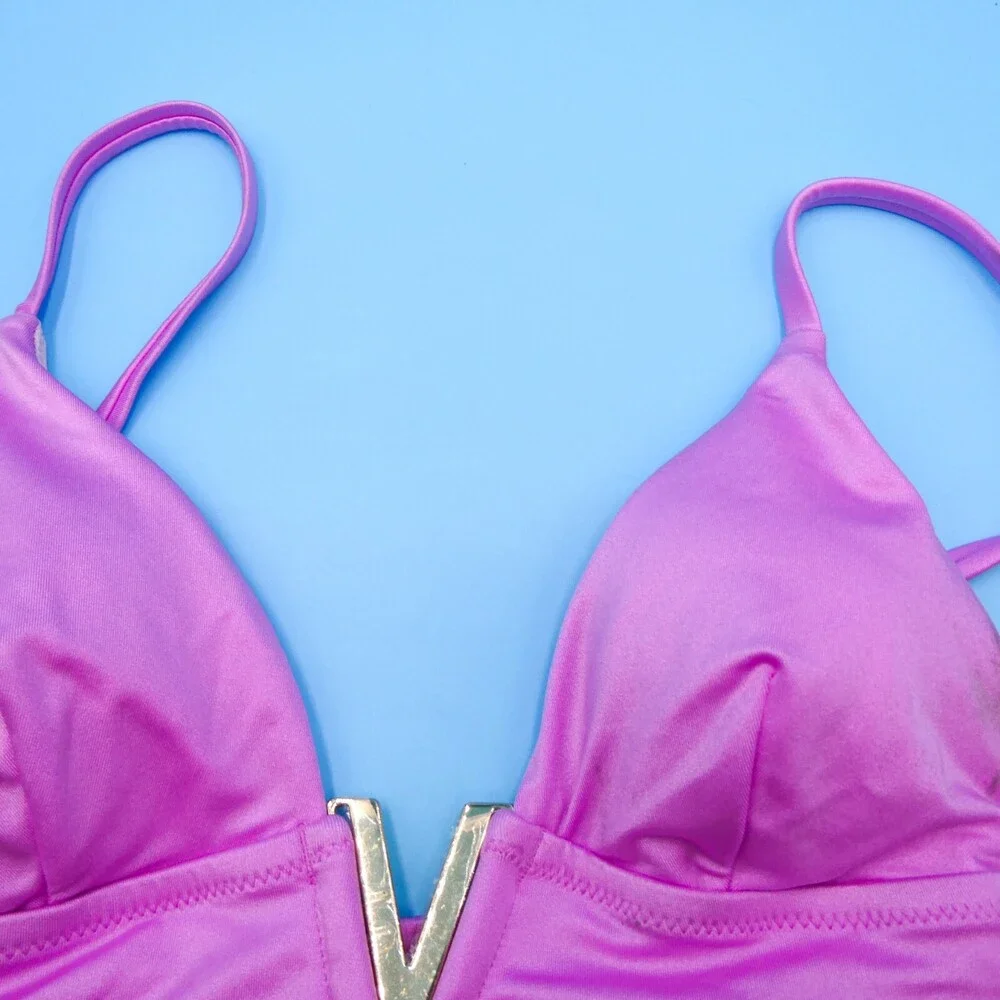 Victorias Secret Small Purple Silky Triangle Metal Bling Lined Padded Bikini Top